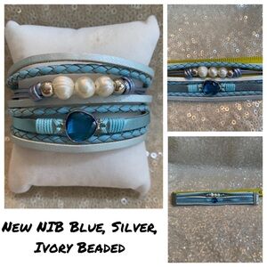 New NIB blue ivory silver beaded wrap bracelet